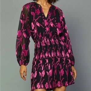 women’s long sleeve flower print, black and pink dress